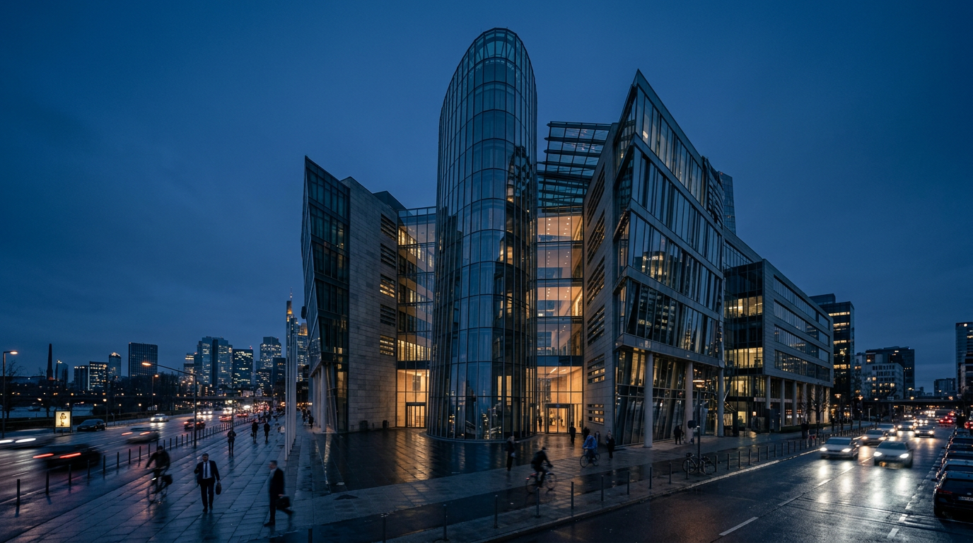 Central bank building at blue hour